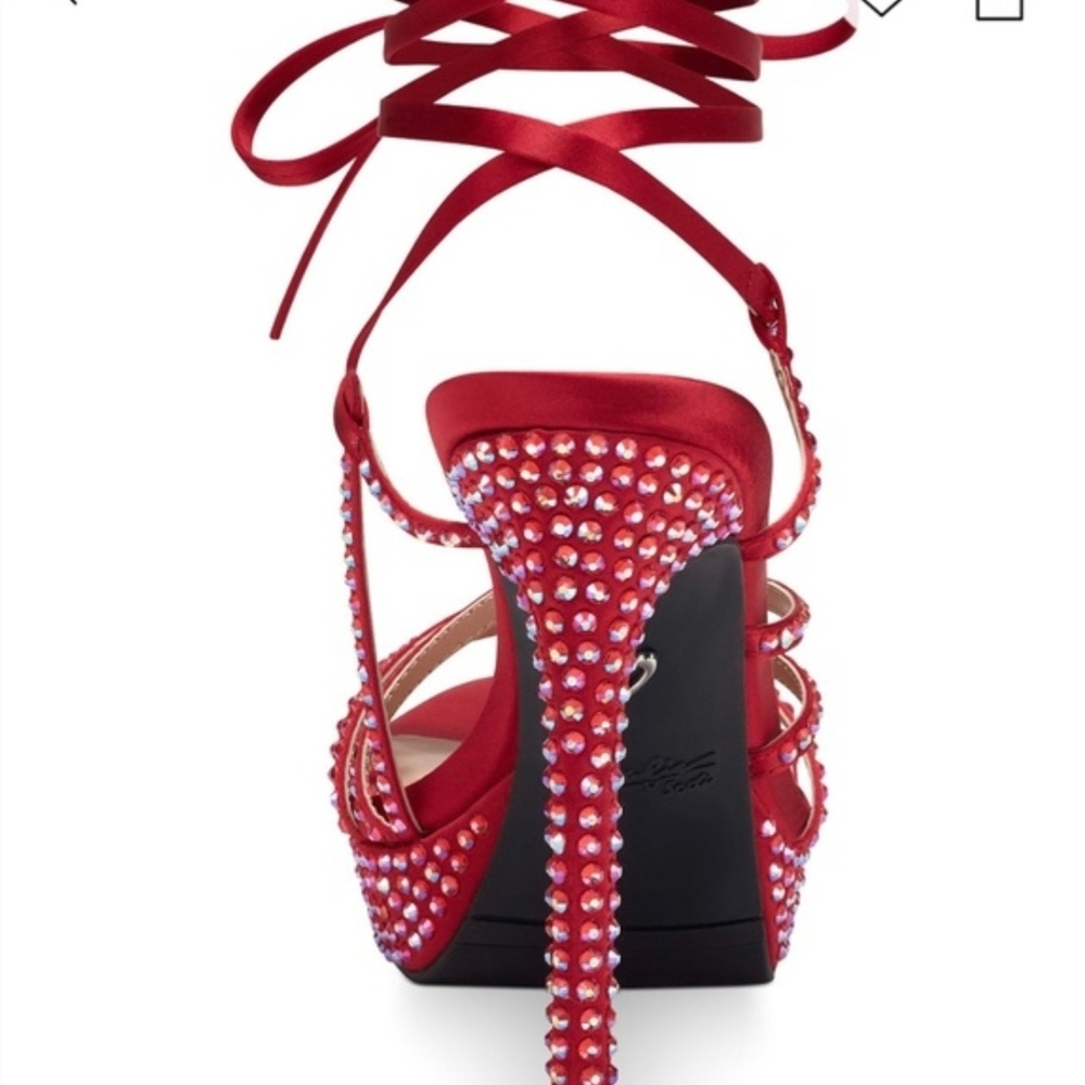 Thalia Sodi‎ Red Strappy Heels with Rhinestones - Picture 3 of 6